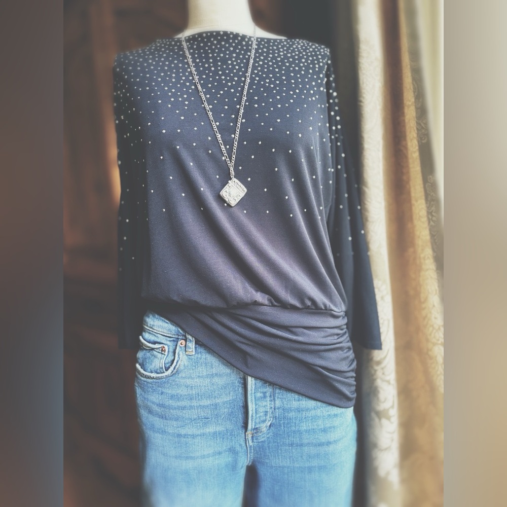 White House Black Market Black Studded Tunic Top - Ruched Sides & 3/4 Sleeve